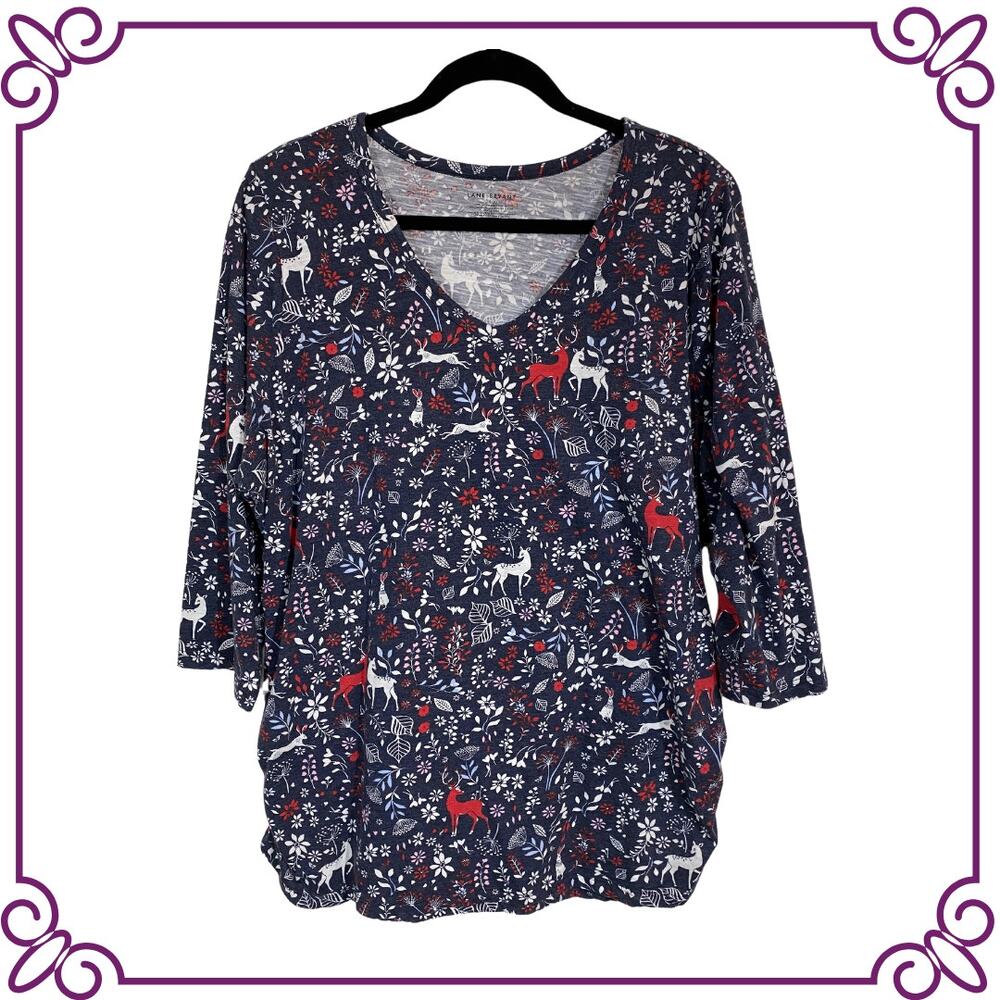 Lane Bryant Blue Floral and Forest Animals V-Neck 3/4 Sleeve Tee 18/20